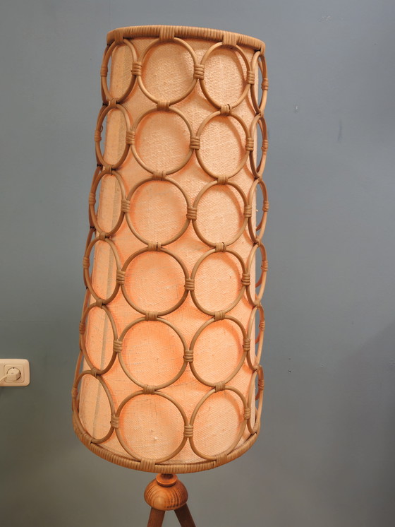 Image 1 of Vintage Vloerlamp Hout, Stof & Rotan Staande Lamp