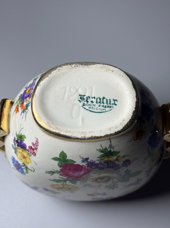 Boch Frères Keramis, Art Deco Vase, “Fleurs des Saxe” Decoration -Belgium, Ceramic, Gold (photo 14 of 15)