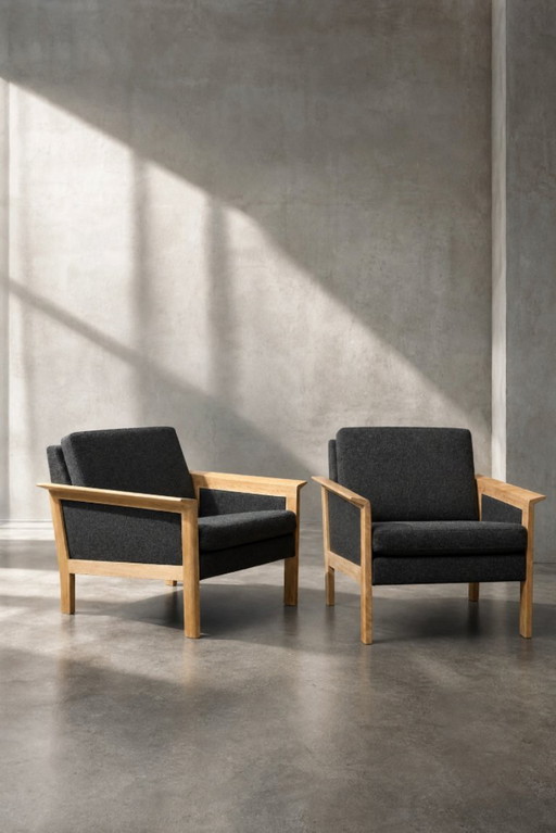 Vintage Mid-Century Danish Modern Oak & Felt Lounge Chairs, 1960s, Set of 2