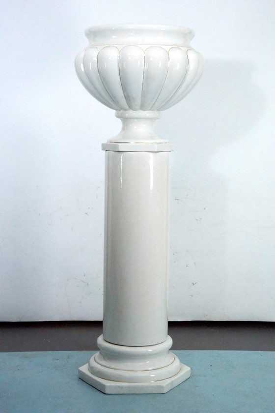 Image 1 of Tommaso Barbi Oversized White Ceramic Vase with Gold Details and Column, Italy 1970s