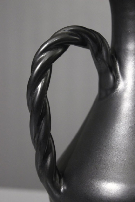 Image 1 of Vintage 1950s black satin & yellow ceramic pitcher by Louviers Poteries Normandes