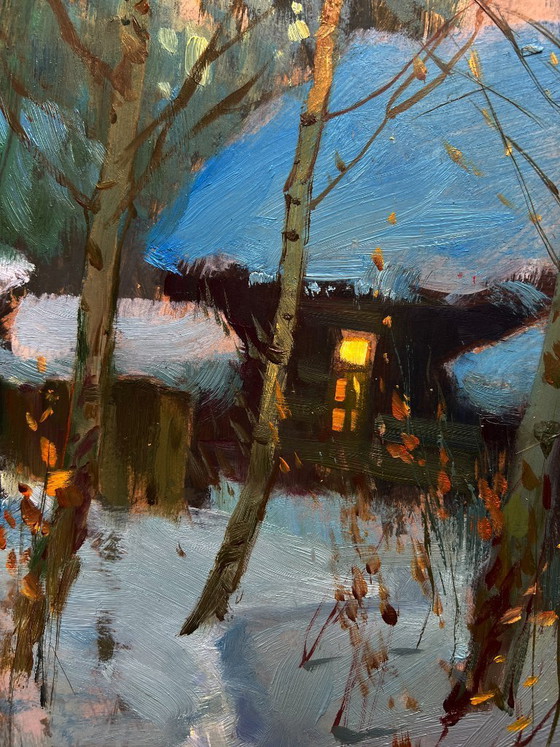 Image 1 of Original Oil Painting Snow Village Landscape Enjoying the winter sunset