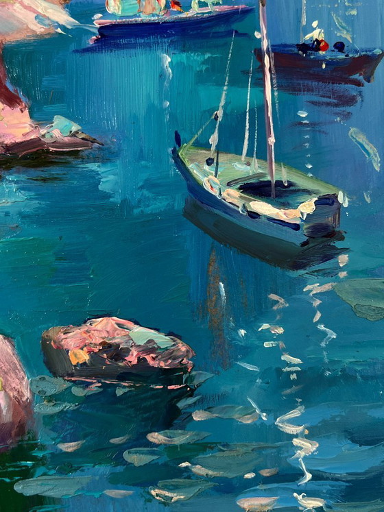 Image 1 of Original Oil Painting Sea Coastal Landscape Boats On The Rocky Shore