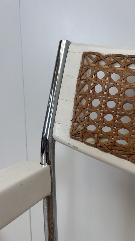 Image 1 of 2 x vintage armchair rattan/webbing chrome tube frame white wood