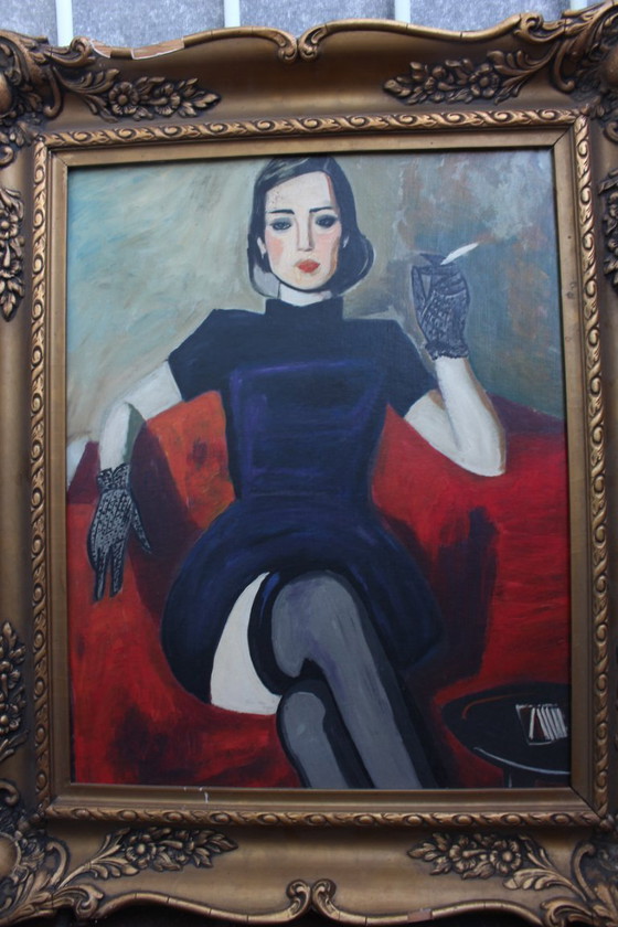 Image 1 of Lady Smoking in Art Nouveau Style, 1950s, Oil Painting, Framed