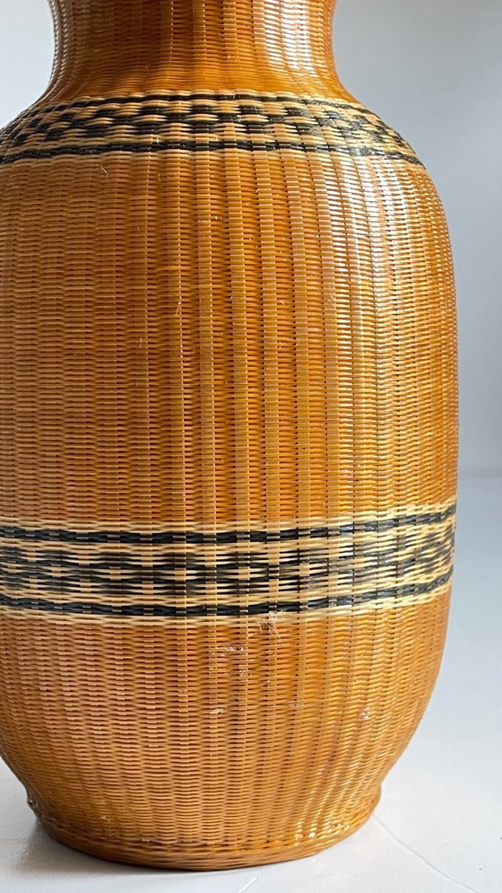 Image 1 of Vintage Woven Bamboo and Fine Porcelain Vase