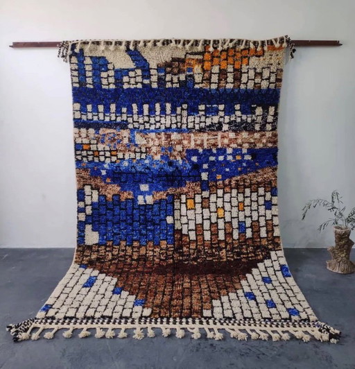 Tapis "Mosaïque" de Beni Ouarain, Bleu profond et Terre, Oeuvre d'artiste 3x2M