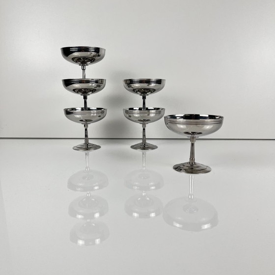 Set of 6 Letang Remy stainless steel ice cream / dessert cups, 1970, Glass & Decanter, Metal, Silver, Vintage (photo 2 of 8)