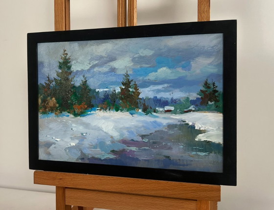 Image 1 of Originales Ölgemälde: Winterliche Flusslandschaft, Fluss unter einer Schneedecke
