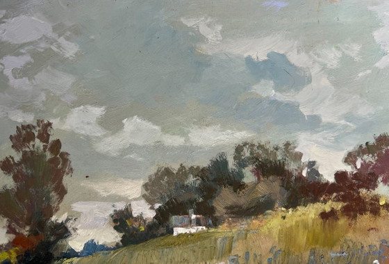 Image 1 of Original Oil Painting Gray Day Landscape Summer flower meadows