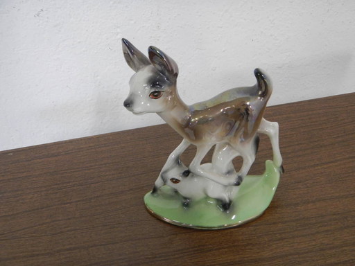 Small hand painted ceramic statue with deer and rabbit, Germany, 50s