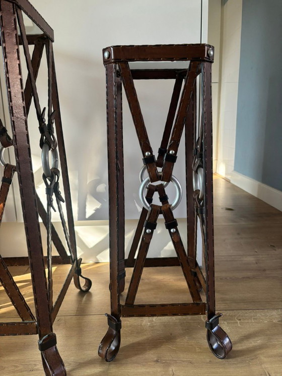 Image 1 of Unique set of 3 console tables – France, 1970s – in the style of Jacques Adnet – iron (imitation leather) and glass