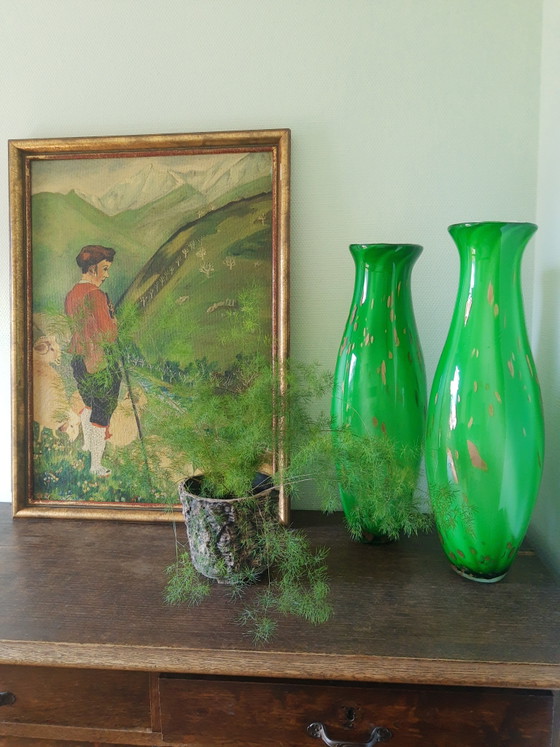 Image 1 of Set hoge Murano handgeblazen glazen vazen siervazen decoratieve vazen sierobjecten in groen met goud, vintage 