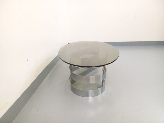 Image 1 of Vintage ovale salontafel van rookglas en verchroomd metaal uit de jaren 70.