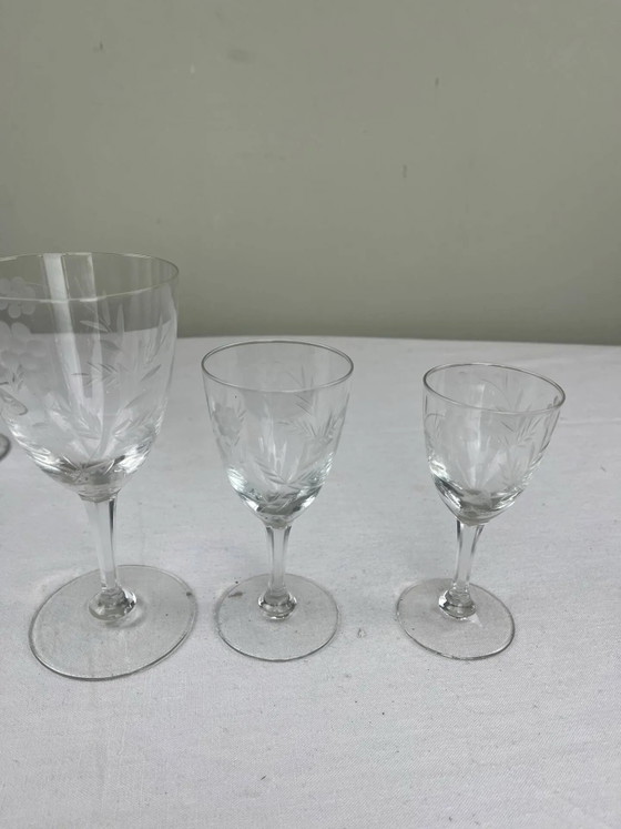 Set antiker gravierter Gläser – Gläser & Karaffe, Crystal, Glass (photo 7 of 9)