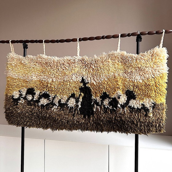 Image 1 of Vintage Wandteppich . Leibfried Rya Color . 70er . Mid Century . Handgearbeitet . Wolle . Hirte . Schafe . Befestigungsstab Holz