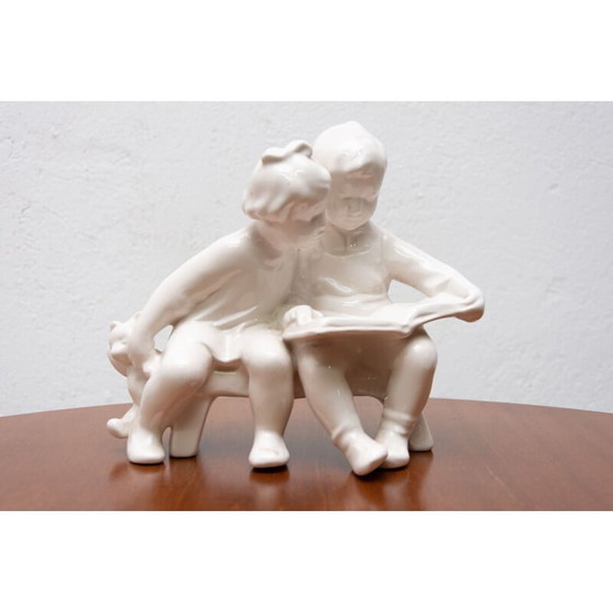 Image 1 of Vintage ceramic sculpture children with a book by Keramia Znojmo, Czechoslovakia 1950