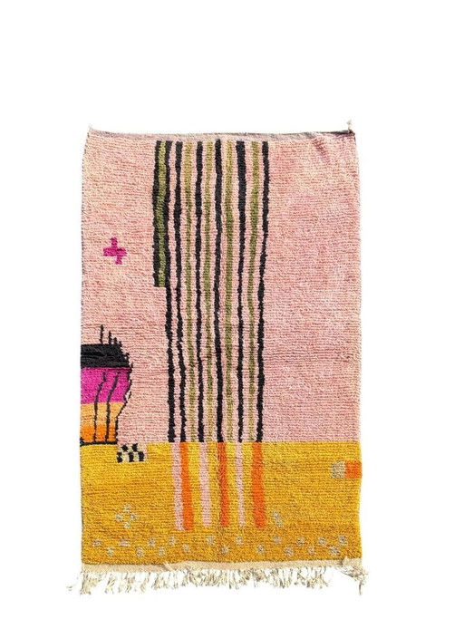 Autentico tappeto marocchino Boujad rosa in lana berbera 160x270 cm - Tappeto geometrico Boho intrecciato a mano