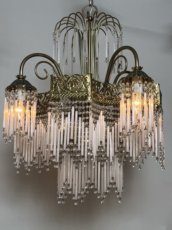 Image 1 of Vintage xl pink opaline rod chandelier pendant lamp art deco style