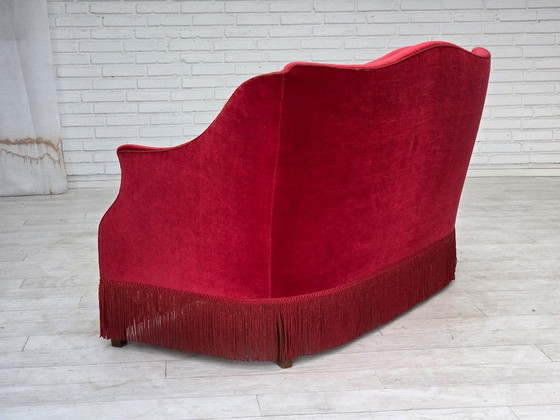 1970s, Danish 2-Seater Sofa, Red Furniture Velour, Ash Wood Legs. – 2 seaters, Velvet (photo 10 of 20)