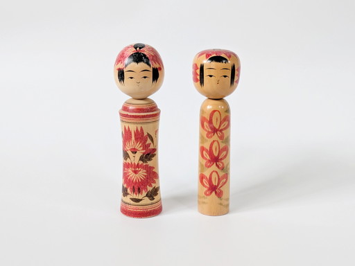 Set of 2 Vintage Naruko Kokeshi Dolls, Traditional Japanese Wooden Figurines, Hand-Painted, Collectible Folk Art