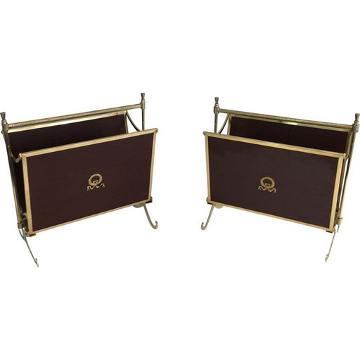 Pair of vintage neoclassical mahogany and brass magazine racks, 1940