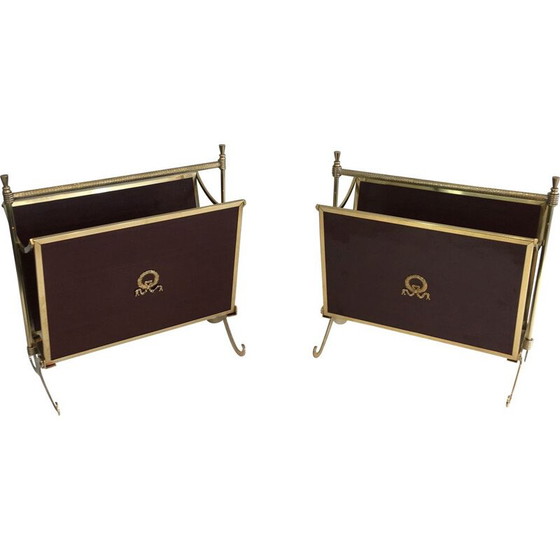 Image 1 of Pair of vintage neoclassical mahogany and brass magazine racks, 1940