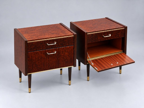 Set of 2 vintage design Nightstands with brass details, Wood, Brown (photo 5 of 8)