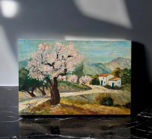 Petit tableau huile sur contreplaqué "Printemps"