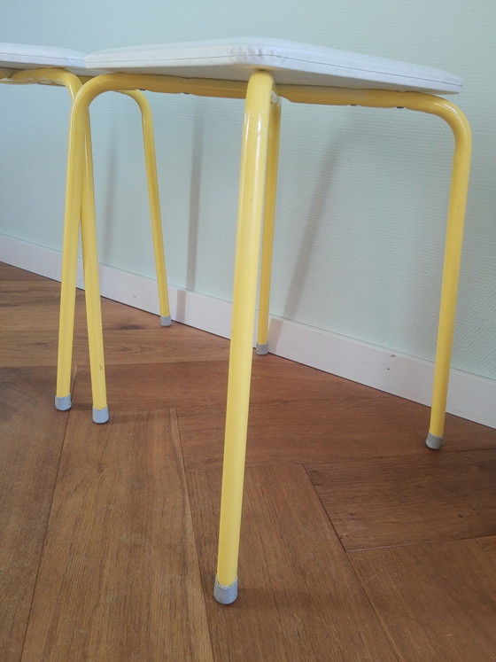 Image 1 of Set of 2 50s-60s tubular frame faux leather stools in white and yellow