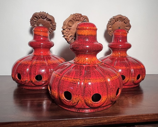 3 lampade a sospensione in ceramica rossa, ceramica della Germania occidentale, anni '60/'70