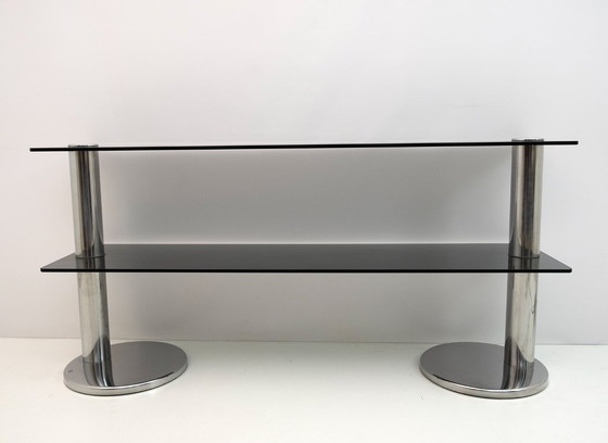 Image 1 of Mid-Century Modern Italienische Konsole aus verchromtem Stahl und Rauchglas, 1970er Jahre