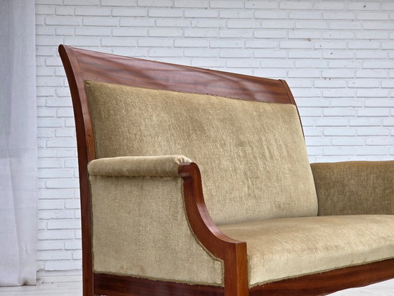 Image 1 of 1950s, 2 Seater Danish Highback Sofa, Furniture Velour, Laqered Teak Wood.