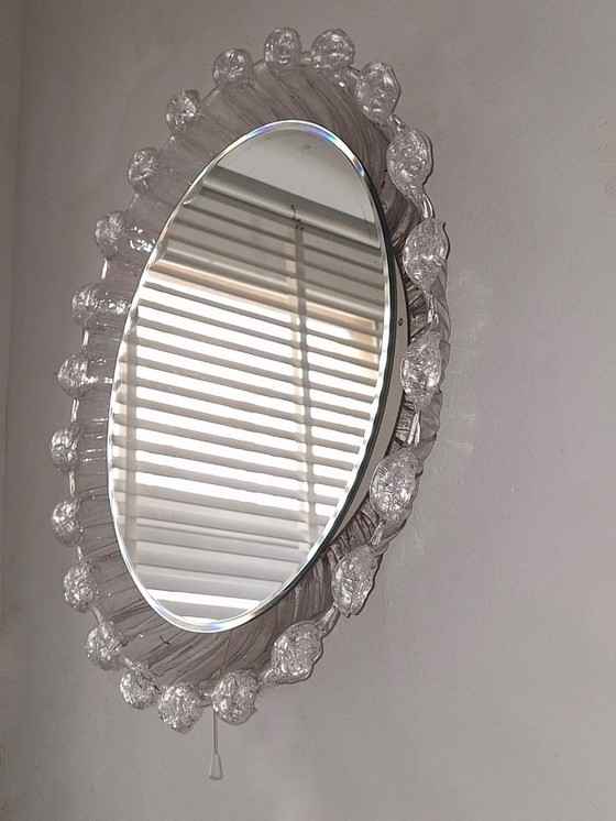 Image 1 of Large Melted Ice Acrylic Glass Illuminated Circular Beveled Wall Mirror, 1970s