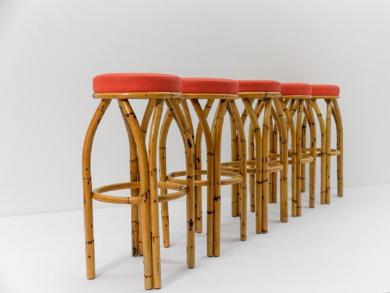 Image 1 of Bamboe bar met 5 bamboe barkrukken, jaren 1950, Italië