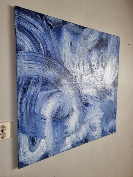 Image 1 of Contemporary abstract modern blue painting hand-painted 100x100 cm