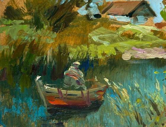 Image 1 of Original Oil Painting Summer House Landscape I'm sailing home on a boat