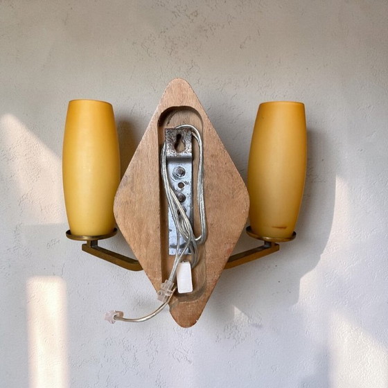 Image 1 of Vintage Mid Century Modern double opaline glass and wood wall sconce