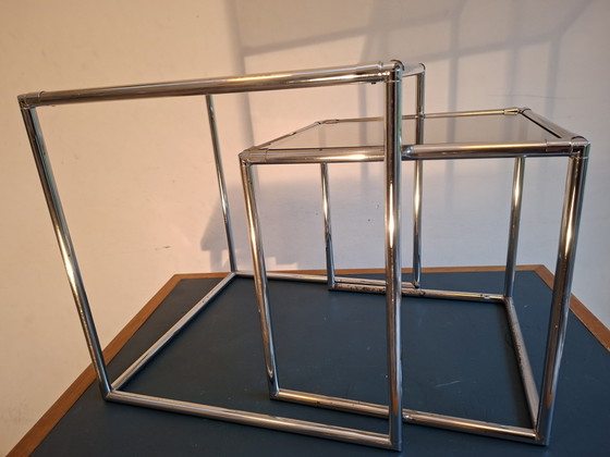 Two Vintage Nesting Side tables, Abstracta Modular System Poul Cadovius – Chrome, Glass (photo 2 of 15)