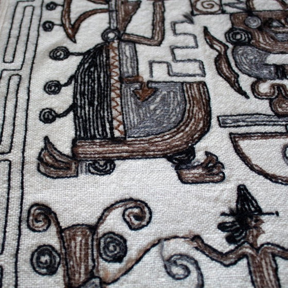 Image 1 of Vintage handgemaakt Latijns-Amerikaans wandtapijt: Maya Azteekse volkskunst, wollen geborduurd wandkleed