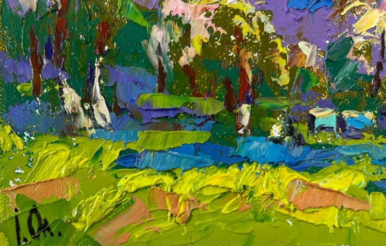 Image 1 of Original Oil Painting Day Trees Landscape Spring in the village