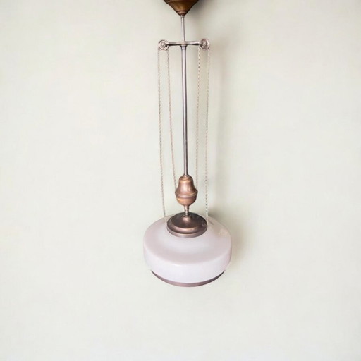 Original Viennese coffee house ceiling lamp in Art Nouveau style. Opal glass and brass ceiling light made around 1905/1910.