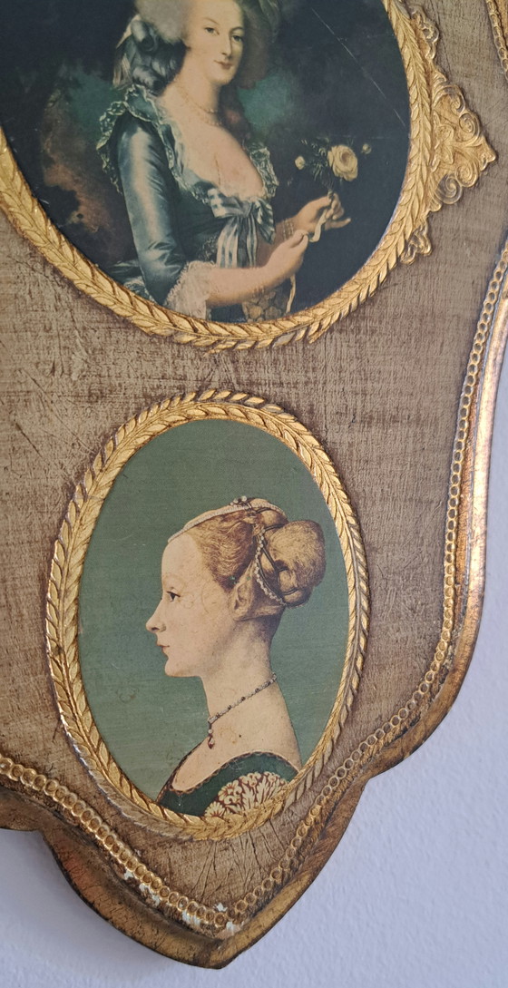 Image 1 of Vintage Italian Florentine Wall Plaque – Gilt Wood – Three Classical Portraits – Hollywood Regency