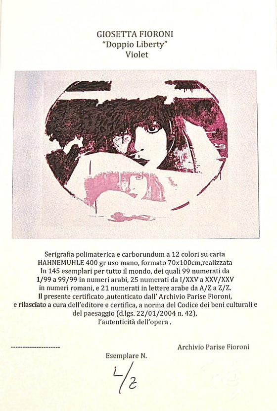 Image 1 of GIOSETTA FIORONI (Italian Pop Art). "Double Liberty, Violet" - Textured silkscreen with pigment, 70x100 cm