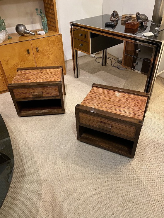 Image 1 of Art Deco nachtkastjes uit de jaren 80, gemaakt van zebra-eikenhout met vintage lades en een gelakte afwerking.