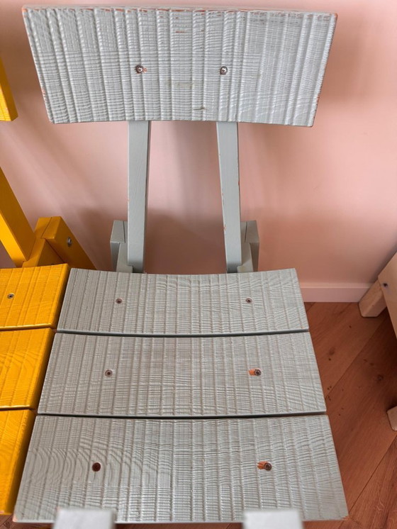 Image 1 of 6 Piet Hein Eek stoelen Industriell IKEA ( 2 X blauw, 2 X grijs en 2 X geel)
