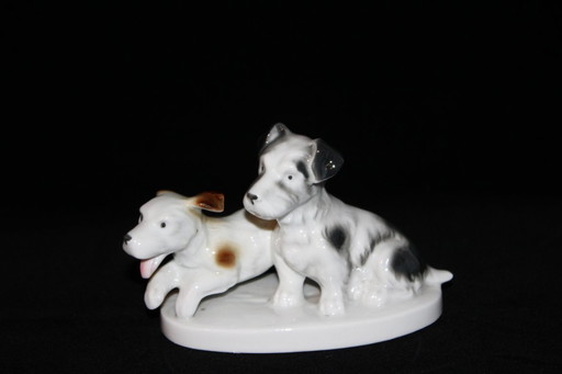 Figuras de perros, grupo de 2 terriers, porcelana, sin marca, sin daños, vintage.