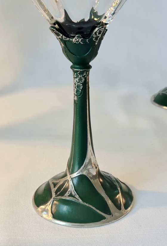 Art Nouveau 8 Glazen Set Kristal op Metalen Voet Groen Zilver 19e Eeuw Top – Glazen & Karaffen, Crystal (photo 10 of 14)