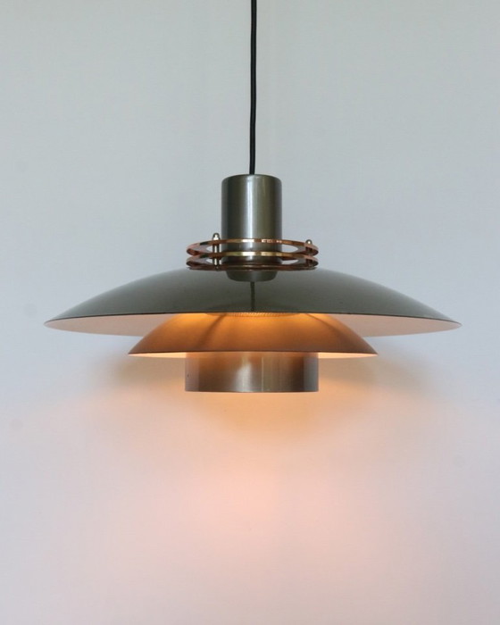 Image 1 of Lampe bol danoise vintage, suspension en métal canon de fusil, style rétro