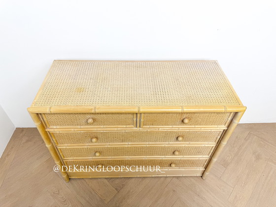 Image 1 of Vintage faux bamboe, rotan rieten ladekast, commode 